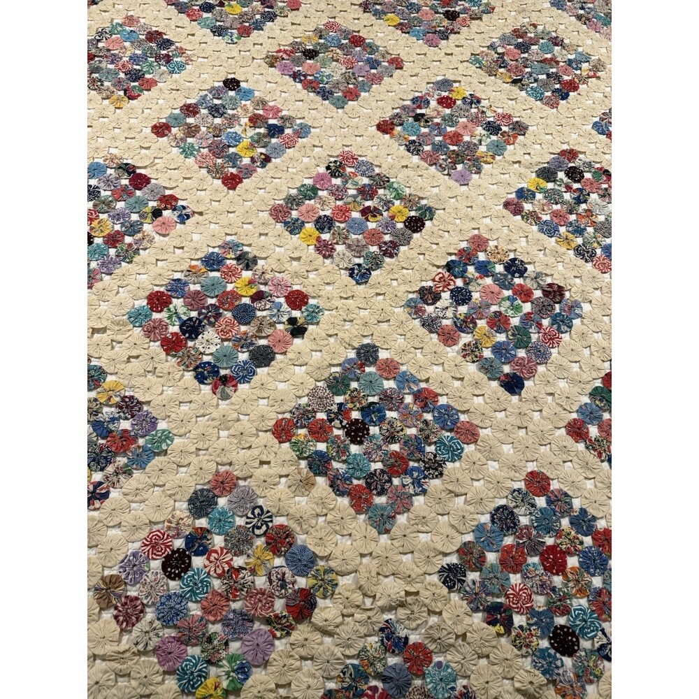 Antique Yo Yo Quilt Diamond Pattern Large Queen/small King 92” X 96” Scalloped - Picture 5 of 16